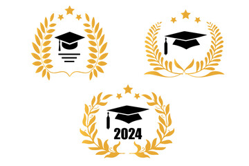 Set of class of 2024 graduation award emblem design template. Graduation cap with laurel wreath in gold color. Concept for shirt, print, seal, overlay or stamp, greeting, invitation card