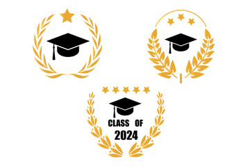 Set of class of 2024 graduation award emblem design template. Graduation cap with laurel wreath in gold color. Concept for shirt, print, seal, overlay or stamp, greeting, invitation card