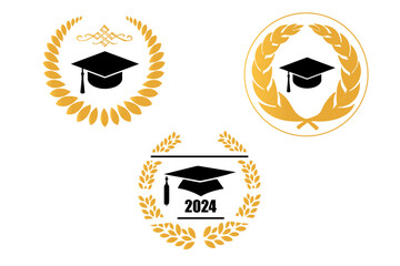Set of class of 2024 graduation award emblem design template. Graduation cap with laurel wreath in gold color. Concept for shirt, print, seal, overlay or stamp, greeting, invitation card