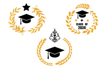 Set of class of 2024 graduation award emblem design template. Graduation cap with laurel wreath in gold color. Concept for shirt, print, seal, overlay or stamp, greeting, invitation card