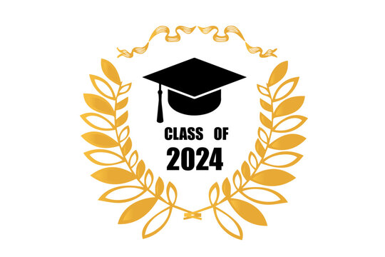 Set of class of 2024 graduation award emblem design template. Graduation cap with laurel wreath in gold color. Concept for shirt, print, seal, overlay or stamp, greeting, invitation card