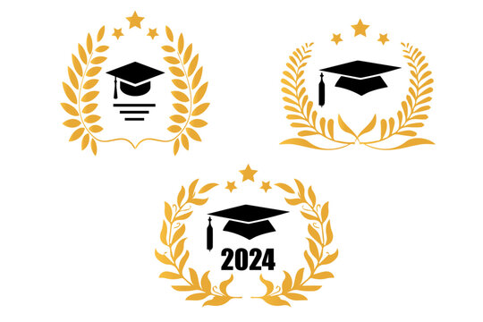 Set of class of 2024 graduation award emblem design template. Graduation cap with laurel wreath in gold color. Concept for shirt, print, seal, overlay or stamp, greeting, invitation card