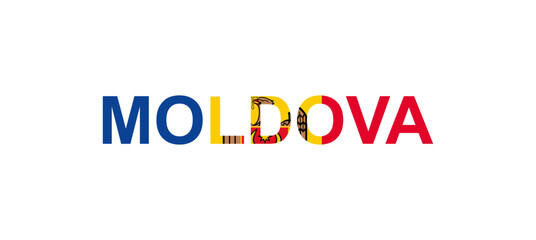 Letters Moldova in the style of the country flag. Moldova word in national flag style.
