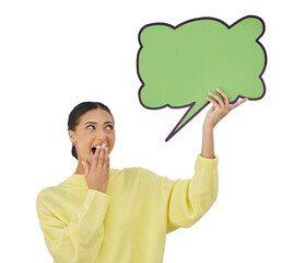 Woman, look up and speech bubble board or excited, isolated on transparent png background. Female person, face and happy wow emoji for social media announcement, chat discussion or advertising mockup