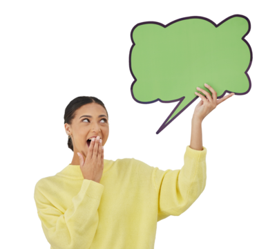 Woman, look up and speech bubble board or excited, isolated on transparent png background. Female person, face and happy wow emoji for social media announcement, chat discussion or advertising mockup