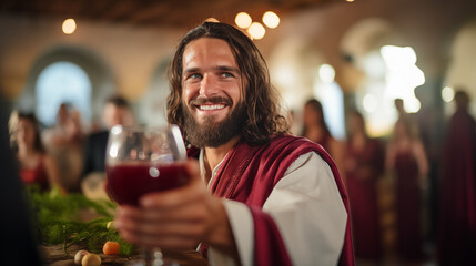 The miracle of turning water into wine at the wedding in Cana, Life of Jesus, blurred background, with copy space - obrazy, fototapety, plakaty