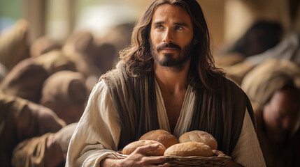 Jesus feeding the 5000 with five loaves and two fish, Life of Jesus, blurred background, with copy...