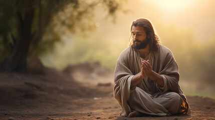 Jesus fasting and praying in the wilderness, Life of Jesus, blurred background, with copy space