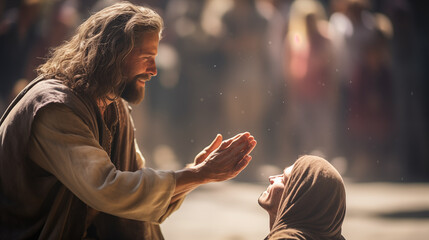 The healing of the blind man by Jesus, showing the moment of the miracle, Life of Jesus, blurred...