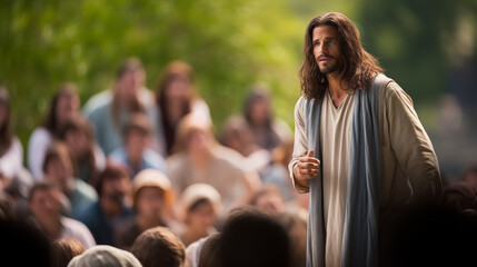 Jesus teaching the crowds during the Sermon on the Mount, Life of Jesus, blurred background, with copy space