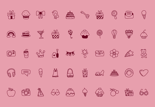 Pink Hand-Drawn Cute Celebration and Party Icons Set