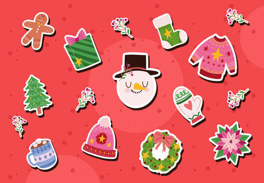 Red and Green Christmas Stickers Set Cute Festive Design