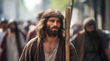 Jesus carrying His cross through the streets on the way to Golgotha, Life of Jesus, blurred background, with copy space - obrazy, fototapety, plakaty