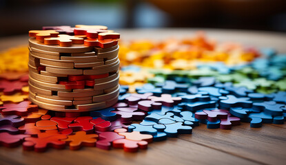 A Colorful Puzzle Collection on a Rustic Wooden Table