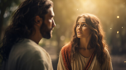 Jesus appearing to Mary Magdalene after His resurrection, Life of Jesus, blurred background, with...