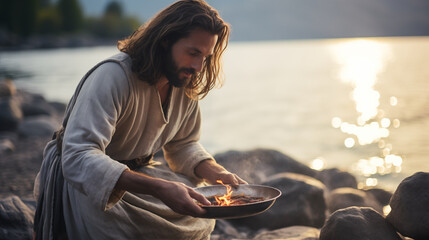 Jesus cooking fish for the disciples on the shore of the Sea of Galilee after His resurrection,...