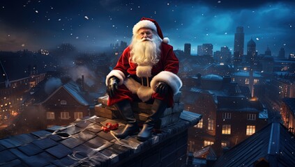 close up portrait of an old man Santa Claus on house roof looking at vintage town view at snow fall night, Christmas night, Generative Ai