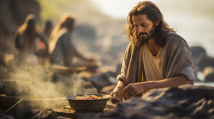 Jesus cooking fish for the disciples on the shore of the Sea of Galilee after His resurrection, Life of Jesus, blurred background, with copy space - obrazy, fototapety, plakaty