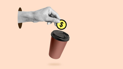 Become a sponsor is shown with collage with hand with coin and paper coffee cup
