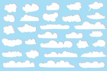 Set vector Cartoon Cloud with Red Shadow. White Cloud Collection Isolated in Blue sky