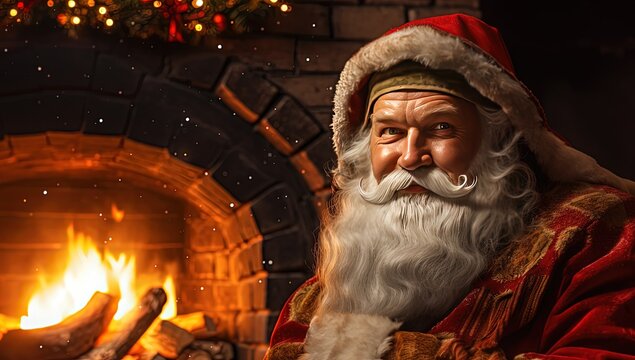 close up portrait of happy Santa on house with fireplace background, Generative Ai