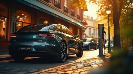 Fototapeta premium Electric vehicle charging in the city with modern fast chargers.