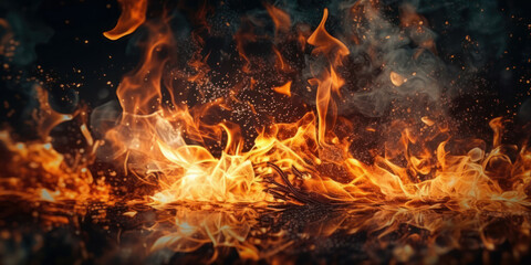 Fototapeta na wymiar A tail of fire on a black background. Fire against a dark background