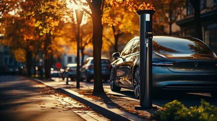 Electric vehicle charging in the city with modern fast chargers. - Powered by Adobe