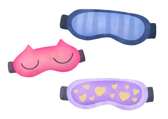 cute Sleep masks. Classic blue, striped, pink cat shaped, purple with heart loungewear. watercolor set on transparent background, cutout clip art personal accessory for comfort bedtime deep relaxation