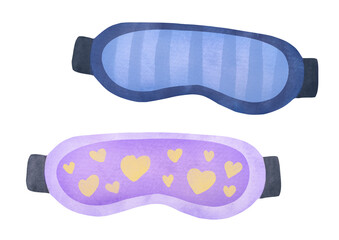 cute Sleep masks. blue, striped, purple with heart loungewear. watercolor set on transparent background, cutout clip art personal accessory for comfort bedtime, deep relaxation. help with insomnia