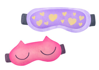 cute Sleep masks. pink cat shaped, purple with heart loungewear. watercolor set on transparent background, cutout clip art personal accessory for comfort bedtime deep relaxation