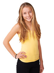 Fototapeta premium Portrait, happy girl and youth with smile for fashion with hand for cool, stylish and casual. Female model, teenager and confidence with pose on isolated or transparent png background for clothes