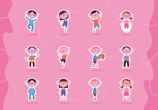 Cute Cartoon Children Playing Stickers Set