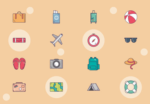 Beige and Red Travel and Vacation Essentials Icon Set