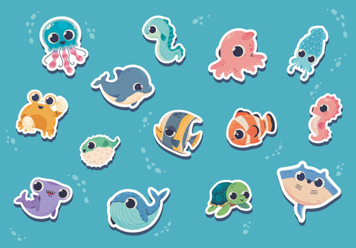 Blue Cute Marine Animals Cartoon Sticker Set