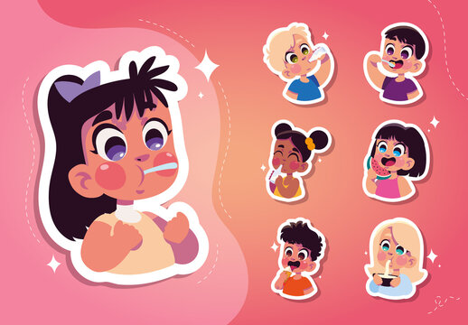 Pink and Orange Kids Brushing Teeth Cartoon Cute Sticker Set