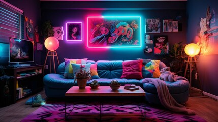 3d rendering colorful neon lights living room with a sofa - obrazy, fototapety, plakaty