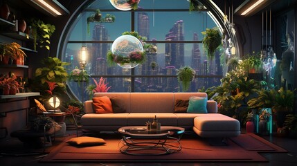3d rendering colorful neon lights living room with a sofa