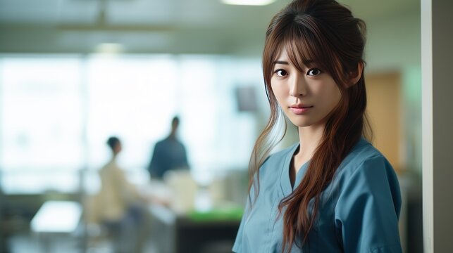 Beautiful Japanese nurse smiling against blurred background, hospital, health concept