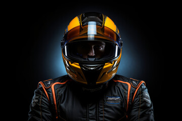 Male Racer wearing racing suit and helmet, with dark background