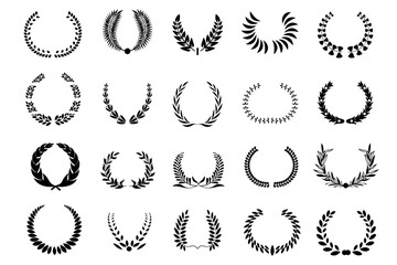 Set black laurel wreath round frame icon vector. Hand drawn elegant floral frame with branches and leaves. For awards, winner, trophy, branches, foliate or leaves circle badge, and etc.