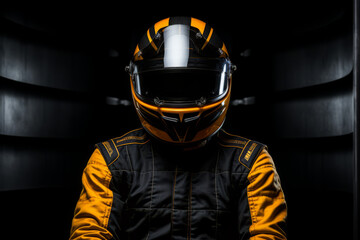 Male Racer wearing racing suit and helmet, with dark background