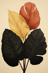 a tropical leaves, in the style of dark black and light amber