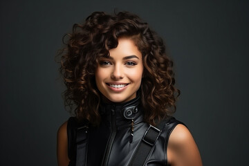 Fototapeta premium Portrait of a beautiful young woman with curly hair in a black leather suit