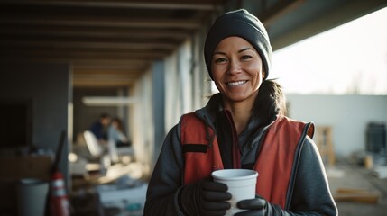 Smiling worker with coffee mug at construction site, worker with work safety