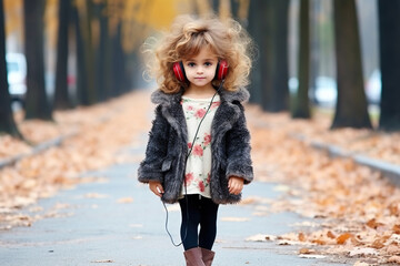 Fototapeta premium Cute little girl listening to music with headphones on the street