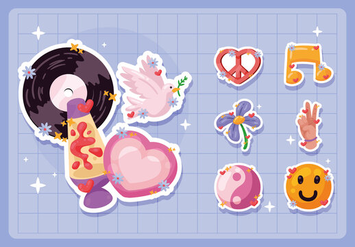 Blue and Pink Hippie 70s Aesthetic Groovy Sticker Set