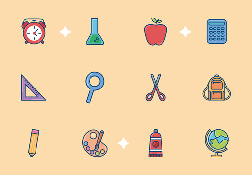 Beige and Colorful School Supplies Icons Set Hand-Drawn Outline Style