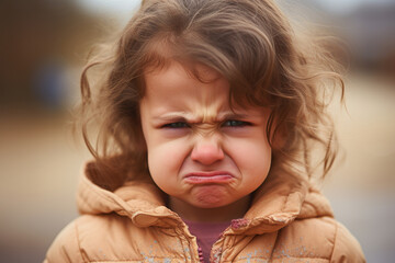 A toddler is frowning and she shows frustration.