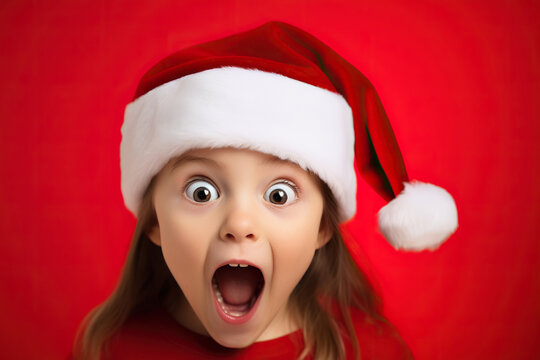 Excited little girl with big eyes in Santa Claus costume, bright red background.